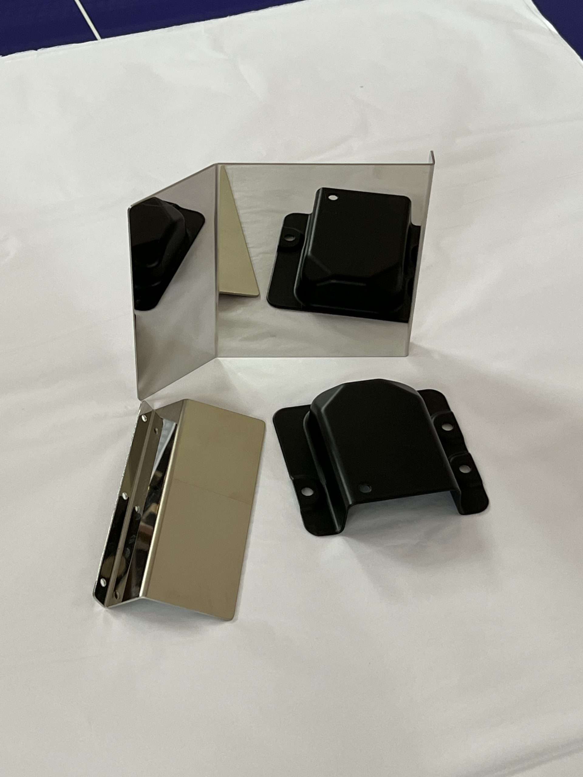Custom precision sheet metal stamping and bending parts, black powder-coated and stainless steel brackets and covers